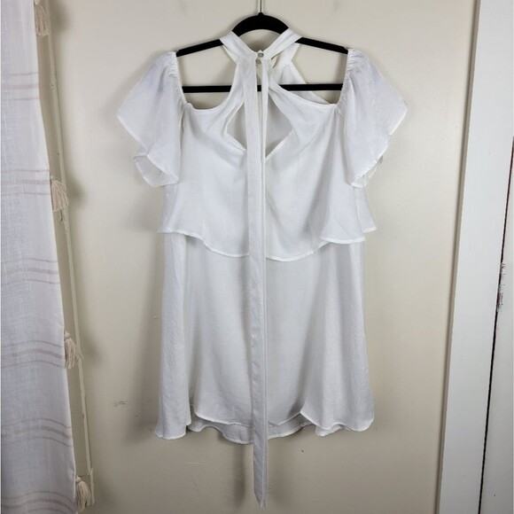 Show Me Your Mumu Solid White Kaitlin  Ruffle Tie Neck Mini Dress - Picture 4 of 12